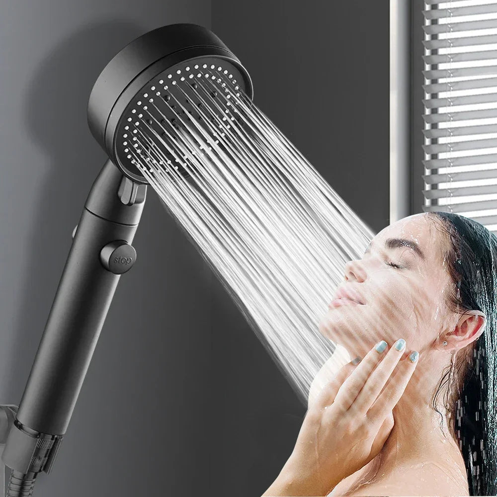 Adjustable High Pressure Shower Head 5 Modes with Hose Water Saving One-Key Stop Spray Nozzle - Bathroom Shower Accessories