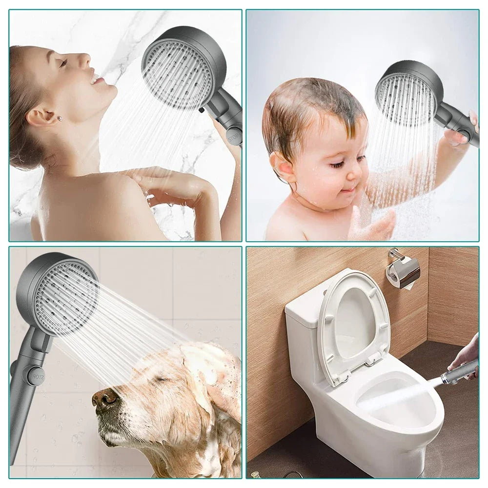Adjustable High Pressure Shower Head 5 Modes with Hose Water Saving One-Key Stop Spray Nozzle - Bathroom Shower Accessories